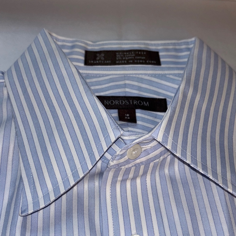 Nordstrom Men's 16/34 Light Blue Stripe Dress Shirt Made in Hong Kong